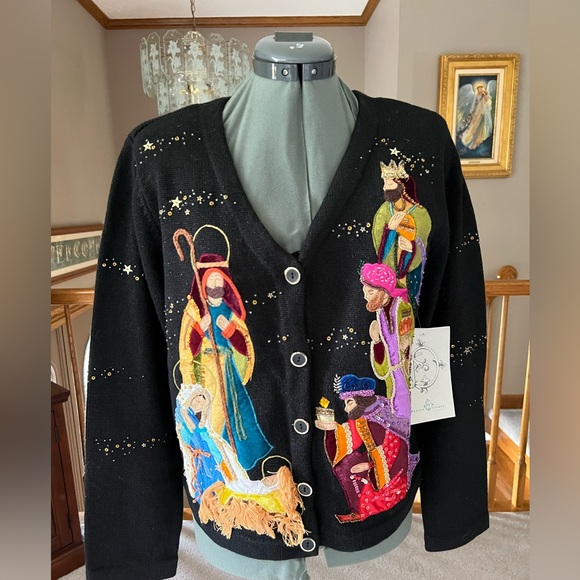 NWT Design Options S Philip Jane Gordon Christmas Sweater Cardigan Nativity - Picture 1 of 7